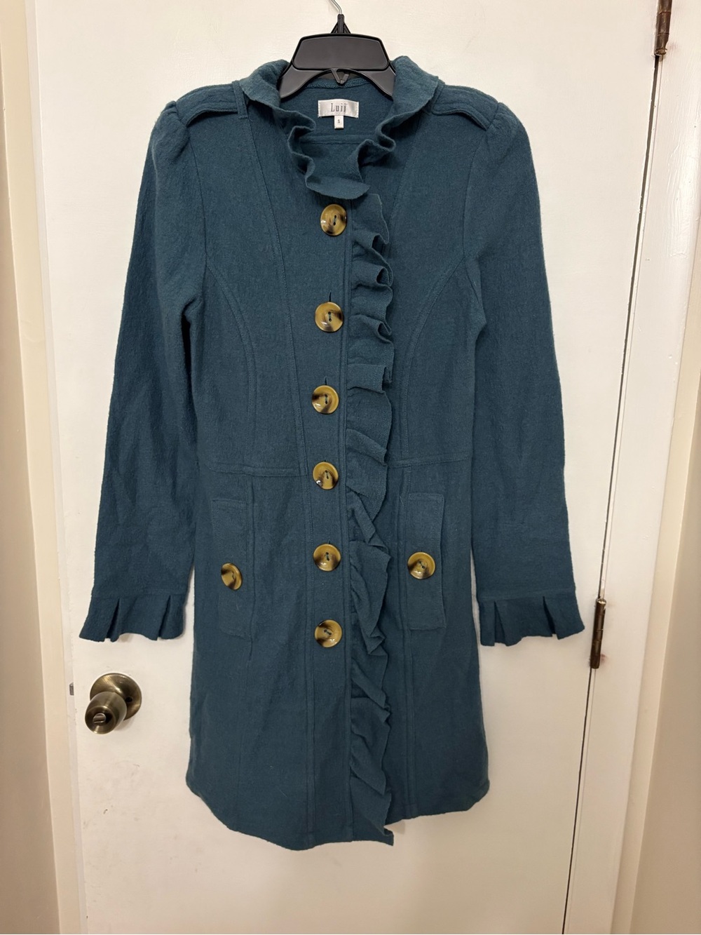 Luii 100% Boiled Wool Ruffle Front Trench Coat Jacket Teal Anthropologie Style S